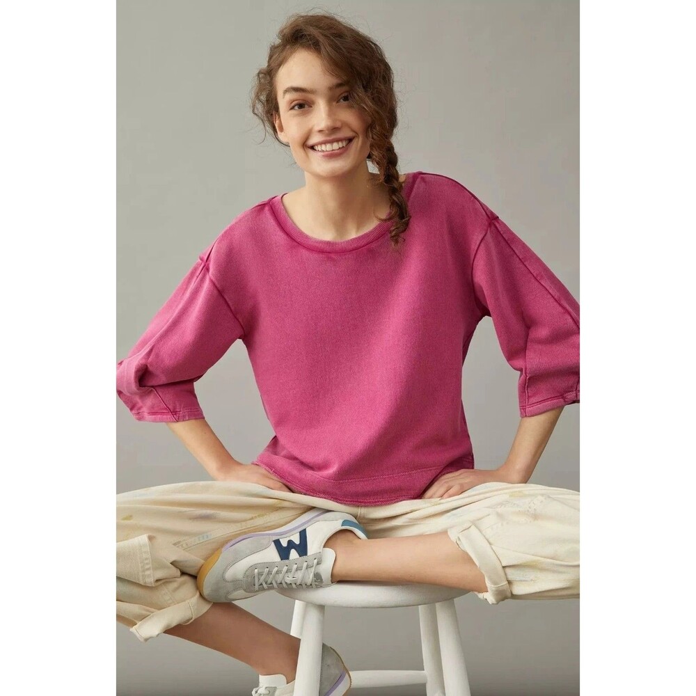 Anthropologie Kris Pleated Sweatshirt Top Balloon Sleeves Crew Neck M-P 287814